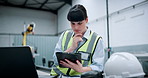 Woman, tablet and thinking at factory for robotics with scroll, review and futuristic engineering career. Person, computer and application with report, machine learning or programming at warehouse