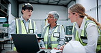 Meeting, robotics and women on tech in facility for machine design, inspection and software configuration. Automation, team and people on laptop for system diagnostics, assembly line and engineering