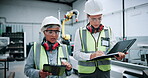 Engineering, team  and manufacturing with women in workshop for industrial, automation and inspection. Technology, technician and machinery with engineer in factory for safety and production line