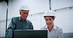 People, team and laptop at plant for robotics with talk, insight and futuristic engineering career. Man, woman and technician with report for feedback, machine learning or programming at warehouse