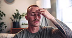 Therapy, relax and man with eft tapping on sofa for anxiety, mental health and holistic healing. Psychology, calm and male person with spiritual energy for reiki treatment, breathe or zen in home