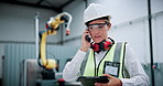 Woman, phone call and tablet at factory for robotics with insight, talk or futuristic engineering career. Person, smartphone and technician with feedback, machine learning or application at warehouse
