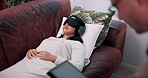 Counselor, therapist and woman with blindfold, headphones and session for recovery or support. Consultation, psychology and patient with sensory depravation for mental health, check up and help