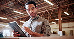 Woodwork, inventory or man with tablet in workshop for wood quality control, material count or update. Manufacturing, carpenter and tech for stock inspection, timber management and backlog evaluation