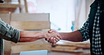 Meeting, carpenter and men with shaking hands in warehouse for deal, discussion or furniture production. Woodworking, people and handshake for timber supply, lumber and agreement for construction