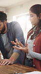 Stress, couple and fight in home with conflict for marriage, argument or confrontation for divorce. Breakup, man and woman talking in house with gaslighting, mistake or relationship crisis with drama