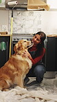 Dog, love or Indian woman in house with renovations, pet care or bonding with paint maintenance. Happy, support or person with golden retriever, connection or kitchen remodeling with animal companion