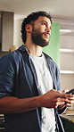 Phone, thinking and renovations with man in kitchen for subcontractor research, project and paint idea. Home improvement, remodeling and diy supplier contact with person in house for communication
