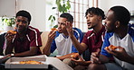 Men, soccer or eating with pizza on sofa for live game, entertainment or match in home. Male people, friends or group of football fans watching tv with food for social gathering or sport subscription