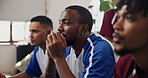 Anxious, friends or man watching tv in home, sports competition or worry for final tournament round. Game broadcast, nervous or people with stress for soccer match pressure, live streaming or eating