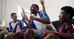 Watching tv, fans and men in home, soccer and cheering for goals, celebration and world cup. Apartment, group and people on couch, football team and sports event for support, excited and happiness