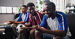 Friends, watching tv or man with phone in house, soccer stats research or sports betting addiction. Distraction, typing or happy fans with football match broadcast, mobile or attention for tournament