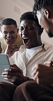 Tablet, friends and win in home for sports game, streaming video or support for competition. Technology, watch match and men with celebration, excited fans or fist pump for goal with handshake