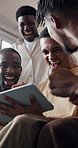 Tablet, friends and celebration in house for sports game, streaming or excited for competition. Tech, watch match and men with high five for win, applause or fans fist pump for goal with low angle