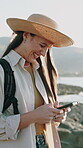 Tourism, reading and woman with mobile at beach, social media post and funny comment for holiday update. Smile, travel vacation and person with phone for message app, joke response and communication