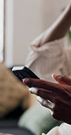 Shocked, confused and hands with phone on sofa for social media, online message and chat in home. Weekend, gossip and person with tech for rumor, fake news and negative notification on mobile app