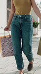 Shopping bags, walk and legs in town with purchase, outfit search or retail discount on weekend break. Stroll, consumer or female person with paper carrier, fashion choice and apparel sale in city.
