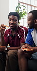 Friends, pizza and watching tv in home with sport competition, conversation and bonding together. Black people, eating fast food and football broadcast in lounge with chat, entertainment and hangout.