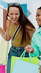 Shopping bags, walk or women in town with laugh, good time or connection with retail discount. Bonding, happiness or friends outdoor with purchases, healthy relationship or excited for apparel sale.
