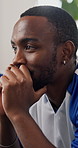 Man, friends and worry with watching tv for soccer in home with stress, anxious and streaming game in lounge. Person, football fans and frustrated with suspense, sports or broadcast on couch in house
