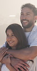 Travel, hug or couple outdoor with smile, commitment or bonding on summer holiday. Trip, happy man or woman outside with embrace, romantic connection or healthy relationship on getaway together.