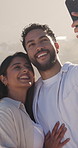 Smile, couple and selfie outdoor on vacation with memory, social media post or capture moment. Man, woman and profile picture in nature on holiday with love, happiness and travel with partner