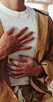 Yoga, hands and breathing meditation in home for spiritual healing, center energy or mindfulness. Yogi, exhale or person with anapanasati in house for zen practice, stress relief or holistic wellness