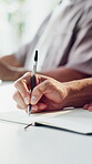 Man, hands and writing in office with notebook, reminder or idea planning for journalist investigation. Coworking, person and notes in agency with journal, creativity or article for media publication