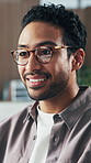 Business, reflection in glasses and smile of man in office for web design or development. Computer, eyewear and reading with happy designer in creative workplace for agenda, planning or review