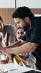 Computer, stress and talking with business people in office together for argument or disagreement. Conflict, frustration and review with employee team in creative workplace for error, fail or mistake
