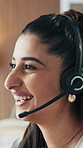 Headset, laughing and talking with woman in call center for consulting, feedback or support. Conversation, funny and help with happy agent at work for customer service, problem solving or solution