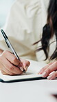 Woman, hands and writing in office with notebook, reminder or idea planning for journalist story. Writer, person and notes in workplace with journal, creativity or draft article for media publication