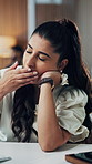 Tired, woman or yawn with stress in office for fatigue, burnout or overworked pressure. Exhausted, employee or female person with depression, headache or migraine for mistake or deadline in workplace