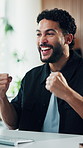 Happy, businessman and winning with fist pump in office for good news, achievement or success. Excited, man or employee with celebration, smile or victory for salary bonus or promotion in workplace