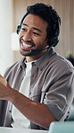 Happy, agent and man with headset in office, typing and discussion with contact for lead generation. Call center, consultant and person with computer for sales, laughing and telemarketing with mic