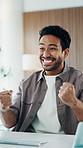 Happy, businessman and winning with computer in office for good news, victory or achievement. Excited, male person or smile with celebration for salary bonus, promotion or accomplishment in workplace