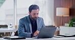 Review, typing or man in firm with laptop, budget editing or insight for funding pitch. Reading, expense evaluation or finance consultant with tech, portfolio check or proposal ideas for investment.