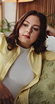 Serious, thinking and woman with stress on sofa for regret, ponder and reflection of mistake. Mental health, person with depression and thoughtful in home with worry, pensive and doubt with decision