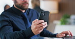 Hands, phone and businessman with laptop in office for record keeping, finance app and auditing. Staff, accountant and typing on tech for financial reporting, budget review or track income with flare