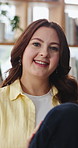 Happy, relax and face of woman in home with calm, peaceful and positive attitude for weekend. Smile, confident and portrait of female person chilling on couch in living room at apartment for break.