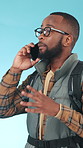 Talking, hiker and black man with phone call in studio, trekking adventure or connection for holiday. Travel, lost or backpacker with mobile for emergency service contact, vacation or blue background