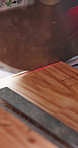 Closeup, saw blade and electric machine for shaping wood, timber design and manufacturing. Workshop, cutting wheel or power tools for woodworking process, carpentry precision and furniture production