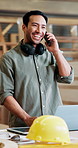 Phone call, man and carpenter with laptop in workshop for delivery information with furniture for repairs. Cellphone, computer and male woodworker on mobile discussion for timber business in factory.