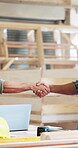Carpentry, collaboration or hands in warehouse with handshake, greeting or deal for DIY project. Networking, people or carpenters with meeting, contractor agreement or introduction for partnership.