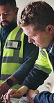 Reading, discussion and men with blueprint for architecture, property development and building idea. Renovation project, people or team on construction site for civil engineering, talk or review plan