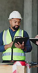 Architecture, planning and men with clipboard, construction site for building project and tablet. Talking, app and people with documents for renovation schedule and online checklist for inspection