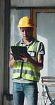 Engineering, planning and man with tablet, construction site for building project and safety. Connection, tech or person with digital app for renovation schedule and online checklist for inspection
