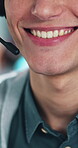 Call center, help or mouth in agency with headset, contact us or investment advice in crm service. Assistance, man or finance consultant in office with mic, online banking or feedback in loan support