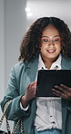 Walking, smile or woman with tablet in hallway, review news article or proofreading story for publication. Tech, journalism or editor with grammar check for feature draft, send feedback or approval