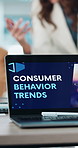 Hands, laptop screen and team at office meeting with planning for consumer behavior trends at company. People, computer and display for notes, review or proposal for collaboration at marketing agency